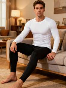 4-Piece Men's Underwear Set: Long-Sleeved Shirt And Pants, Suitable For Breathable Fabric, Men's Round-Neck Long-Sleeved T-Shirt Set, Home Wear Set: Shirt And Pants. - White + Black - View 1