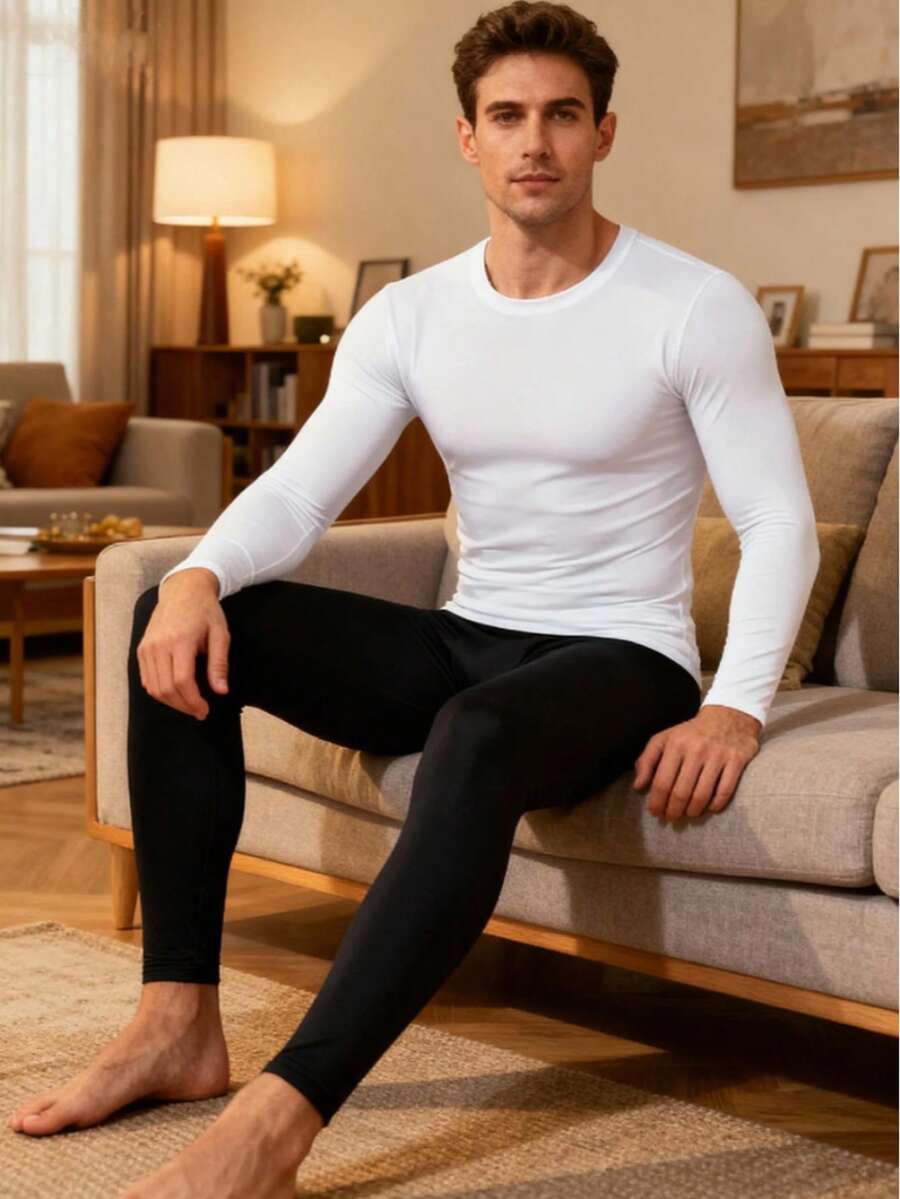 4-Piece Men's Underwear Set: Long-Sleeved Shirt And Pants, Suitable For Breathable Fabric, Men's Round-Neck Long-Sleeved T-Shirt Set, Home Wear Set: Shirt And Pants. - White + Black - View 1