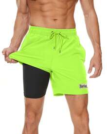 TURLAT 2 In 1 Mens Swim Trunks Quick Dry Beach Board Shorts With Drawstring And Zipper Pockets Comfy Summer - Green - View 10