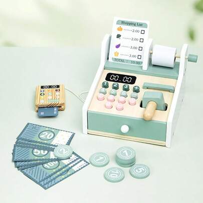 儿童木制过家家收银机玩具，角色扮演商店游戏，家庭互动游戏套装