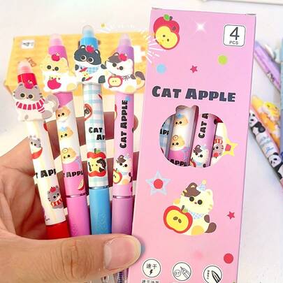 Pack Of 4. Erasable Gel/Ballpoint Pen Set, 0.5mm Blue Ink, Quick-Drying And Smooth Writing, Comfortable Grip And Lightweight Design, 3 Designs (Apple Cat, Duck, Panda), Suitable For Office Writing, Meeting Minutes, Student Notes And Journals, High-Value Creative Stationery Gifts, Back-To-School Stationery.