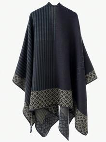 1pc Fashionable Grey Striped Patchwork Warm And Windproof Scarf, Suitable For Autumn/Winter Outings - Navy Blue - View 3