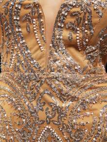 深杏色华丽深V领串珠亮片美人鱼长款晚礼服（前片上半部分，后片随机花卉图案，不匹配） - 杏色 - 查看 8