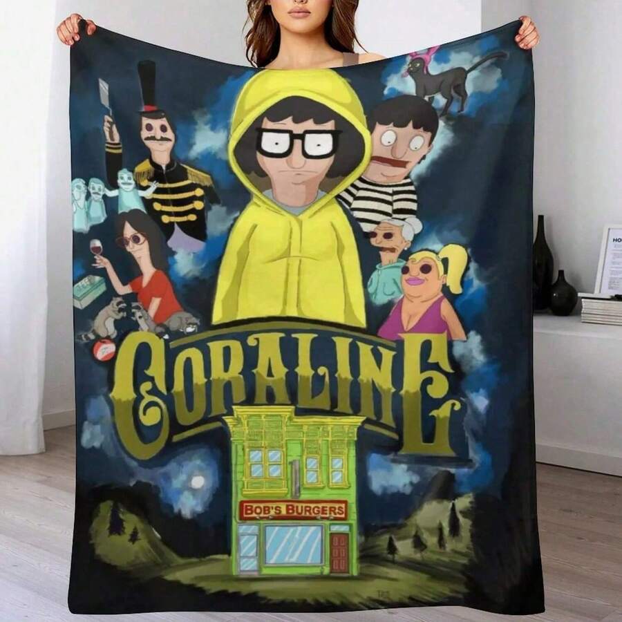 B-Bobs Cartoon Burger Coralinee Cozy Blanket,Funny Family Member Soft Throw Blanket For Living Room,Dorm,Nap,Home Decor - 黑色 - 查看 1