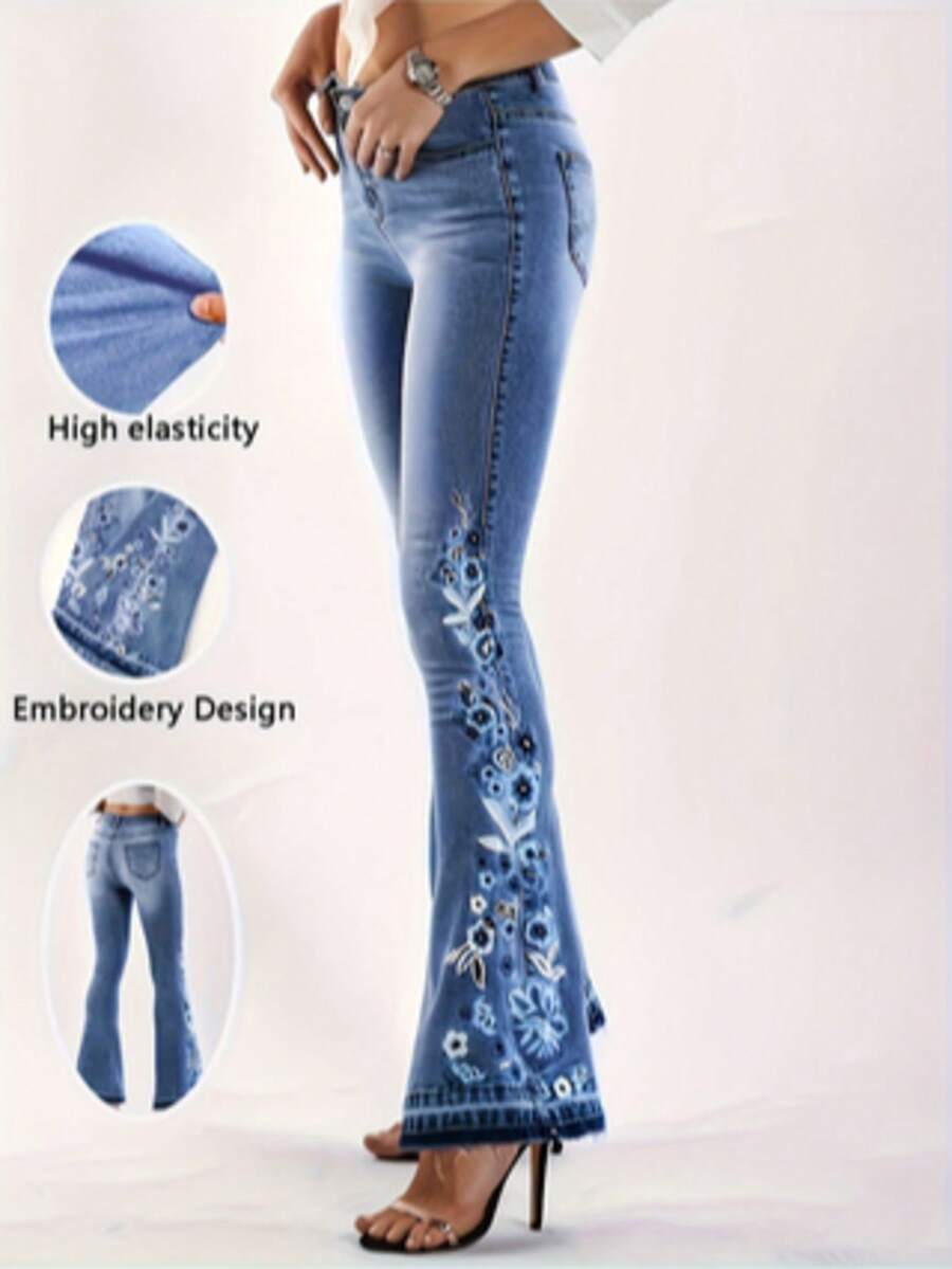 Women's Jeans, Floral Embroidered Flared Style, Casual And Versatile All Year Round, Washed Blue Women's Jeans. - Màu xanh lam - Xem 1