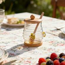 1pc 10/14/17oz Glass Honey Jar With Bee Pattern, Glass Cup With 1 Wooden Stick, 1 Wooden Lid, 1 Wooden Bottom, Transparent Honey Storage Container, Bee Decor, Suitable For Syrup Storage, Home, Wedding, Party, Kitchen - Multicolor - View 7