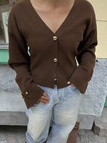 SEREN Autumn And Winter New V-Neck Two Button Long Sleeved Knitted Cardigan Women's Brown Sweater Jacket Top, Suitable For Daily Commuting And Shopping When Going Out