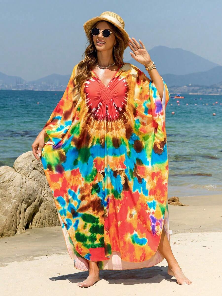 Đầm Kaftan dáng rộng, tay cánh dơi, in họa tiết nhuộm màu sắc sặc sỡ, cỡ lớn, thích hợp mặc ngoài trời dự tiệc mùa hè, đi biển hoặc mặc ở nhà. - Nhiều màu - Xem 1