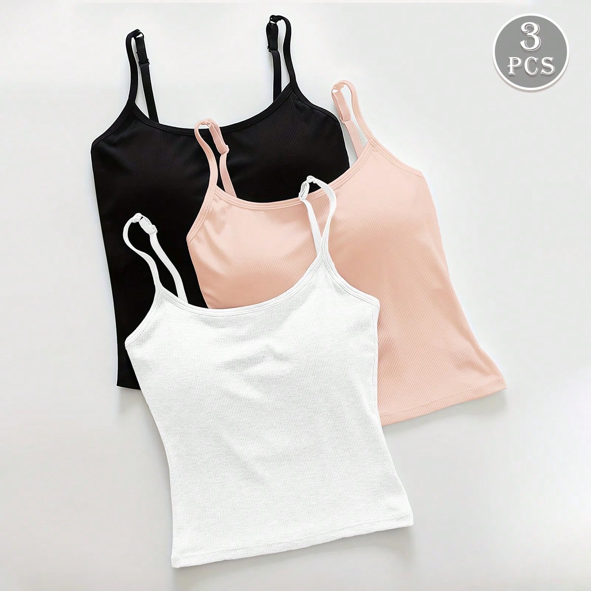 Piezas Camiseta de tirantes acanalada de unicolor con busto acolchado, top corto casual de mujer