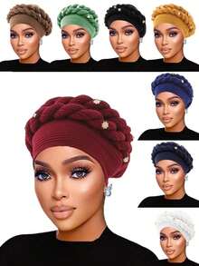 1 Pc Fashionable Crinkle Brim Dual Braided Head Wrap Hat/Turban, Suitable For Casual Wear And Mother's Day Gift - 皺褶辮子帽 - 查看 2