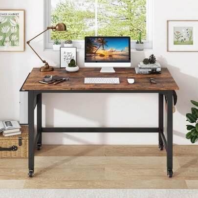 Rolling Computer Desk Metal Frame PC Laptop Table Wood Top Study Workstation