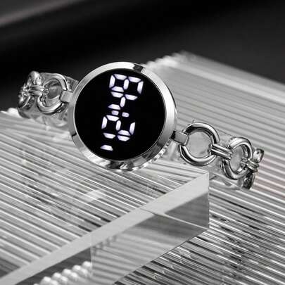 1件女士时尚数字表盘鱼鳞纹钢表带矩形水钻电子手表，适合日常搭配、生日、女士礼物、周年纪念、年末促销、双十一、万圣节促销，不含礼盒