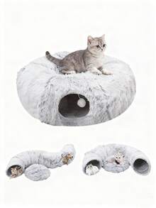 1pc HUITAIYANG Cat Tunnel, Cat Bed Pet Round Cave Cat Play Tunnel, Enclosed Cat Bed For All Seasons, Thick Plush Cat Bed & Tunnel For Autumn/Winter, Light Gray