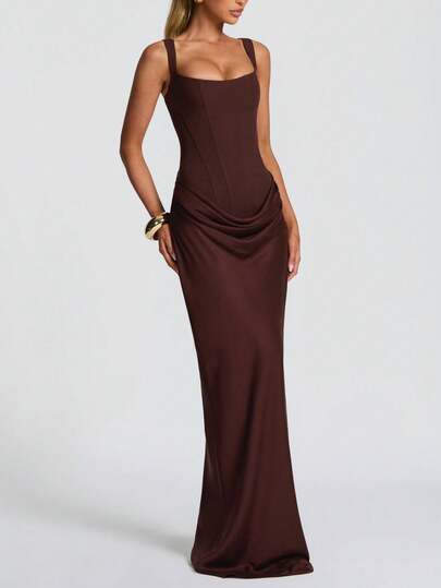 棕色圆领网纱拼接无袖性感派对夜店时尚婚礼圣诞女装