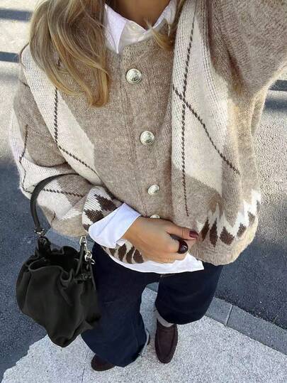 Women's Color-Block Diamond-Patterned Top, Round-Neck Long-Sleeved Button-Up Sweater, Casual And Fashionable Streetwear, Suitable For All Seasons And Highly Popular, Cardigan Women, Women's Outwear Tops