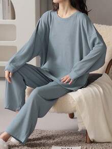 AICJ 两件套女士纯色休闲简约华夫格针织保暖睡衣套装，长袖上衣和长裤，适合春、秋、冬三季穿着。 - 寶藍色 - 查看 6