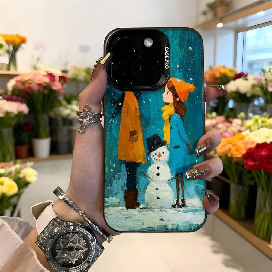 Cubierta de teléfono con diseño artístico azul con pareja y muñeco de nieve invierno para iPhone estética navideña Aplicable a los teléfonos de la serie Apple y Galaxy - Negro - Ver 1