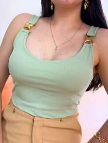 Kit 2 Blusa Cropped Feminina Canelado Alca Com Forro Fivela Dourada Argola Elegante Casual Verao - Preto/Verde - Visão 3