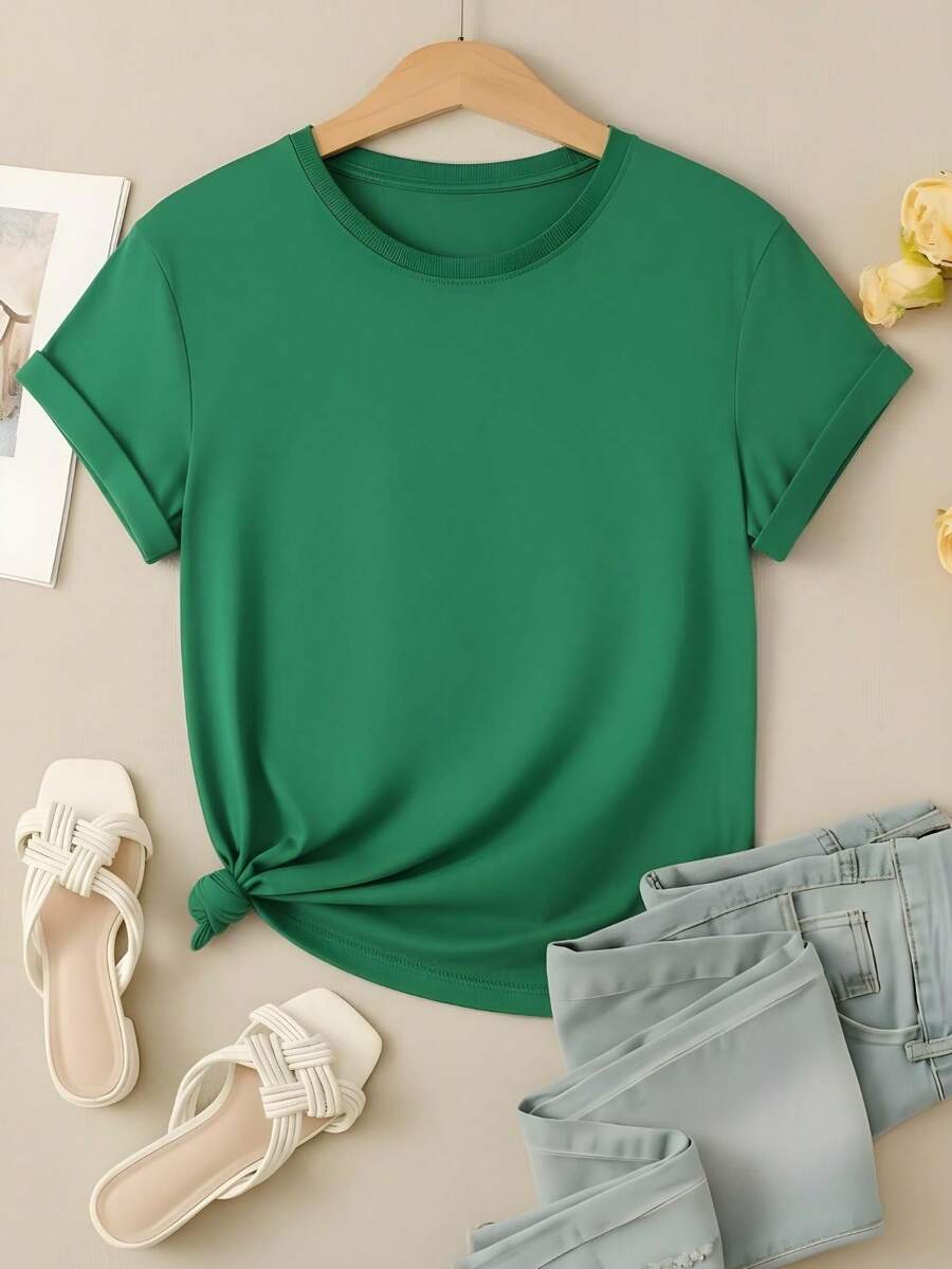 Camiseta Feminina Lisa Sem Estampa Blusa Algodão Casual Cute Malha Premium Manga Curta Camisa Gola Redonda - Verde - Visão 1