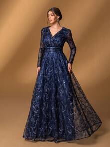 Faeriesty Đầm dạ hội Mosy Elegant dành cho mẹ cô dâu: Đầm ren đính sequin với tay áo voan mỏng – Thiết kế lãng mạn tinh tế cho tiệc cưới trên bãi biển, buổi hẹn hò và các buổi tiệc tối trang trọng. - Màu xanh hải quân - Xem 7