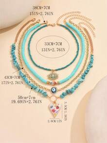 4pcs/Set Turquoise Beaded Necklace With Fashion Pearl, Eye, Fish And Heart Shape Pendant, Suitable For Women Everyday And Travel Wear Valentines - Blue Turquoise + Polymer Clay - View 5