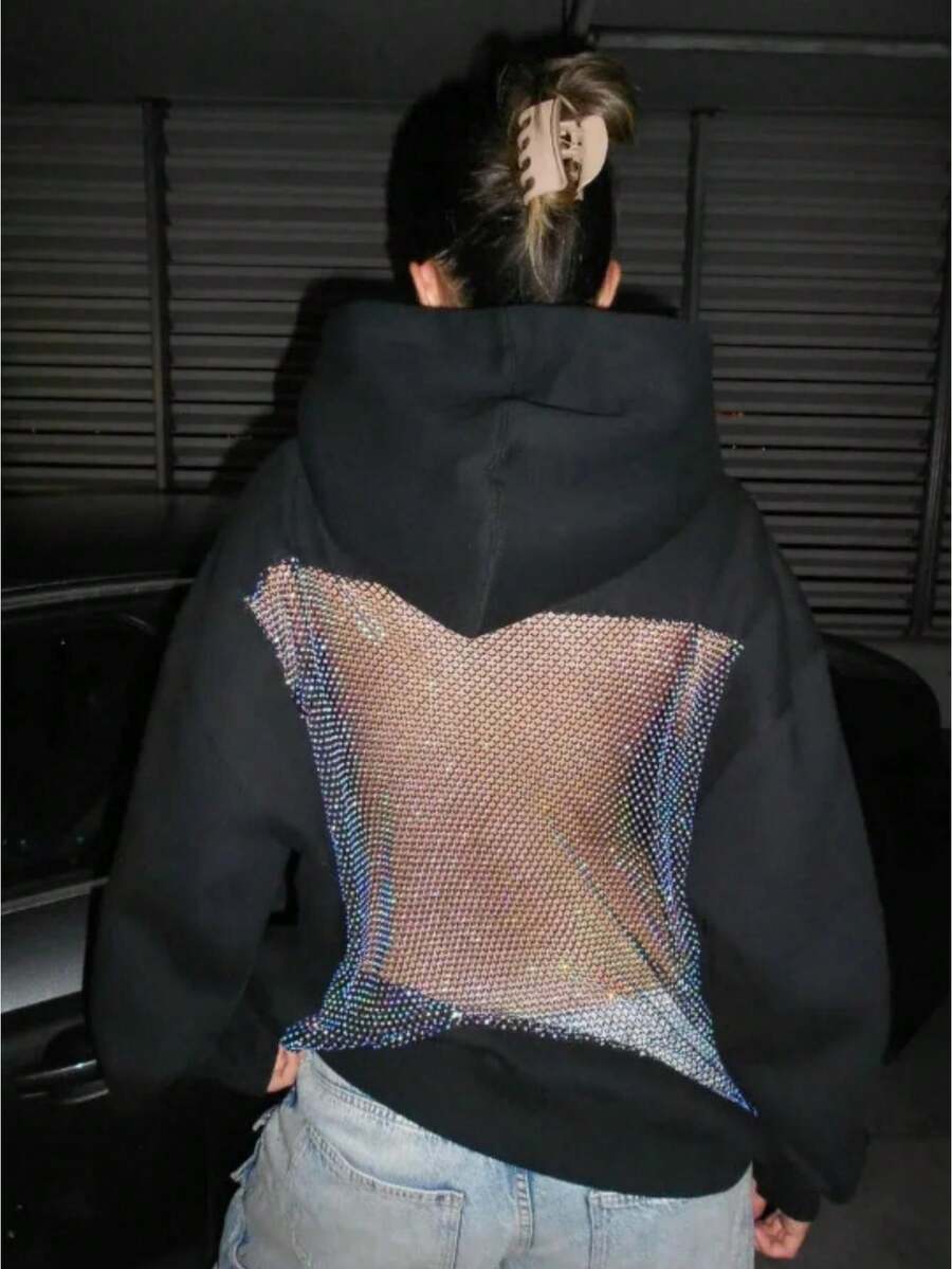 Mesh Back Hoodie Women Hollow Backless Oversized Sweatshirts With Pocket Y2k Party Sparkly Fleece Pullover - 黑色 - 查看 1