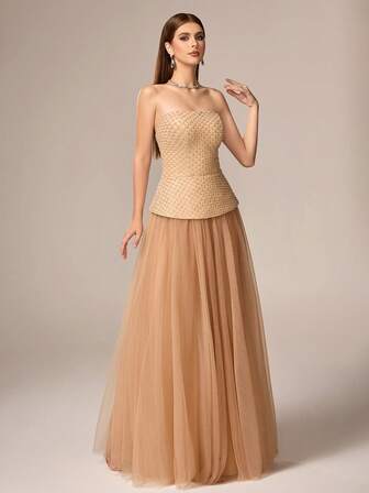 VIPGIRL 女士精致无袖无肩带奢华长裙，采用网纱面料和亮片装饰