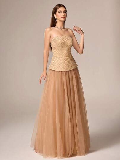 VIPGIRL Women's Sophisticated Sleeveless Strapless Luxury Long Dress With Mesh Fabric And Sequin Embellishments