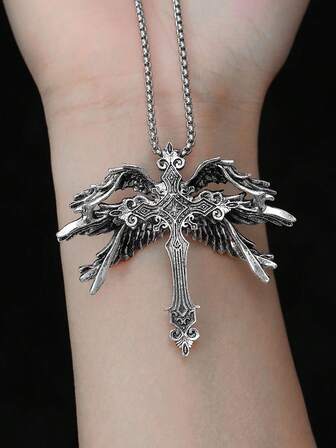 1pc Vintage 6-Wing Angel Cross Pendant Necklace, Holy Sword Punk Goth Men Winged Cross Necklace