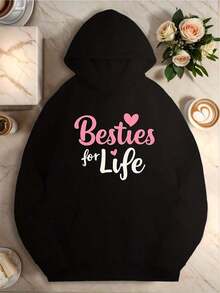 Women Besties For Life Matching Hoodie Pink Cursive Lettering Heart Design With BFF Logo Cozy  Pocket Pullover Machine Washable Winter Warmth Casual Sweatshirt For Or Group Gifts Women Size S-3XL - 黑色 - 查看 1