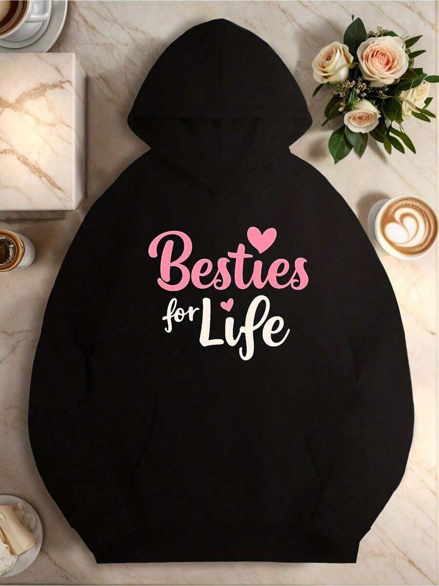 Women Besties For Life Matching Hoodie Pink Cursive Lettering Heart Design With BFF Logo Cozy Pocket Pullover Machine Washable Winter Warmth Casual Sweatshirt For Or Group Gifts Women Size S-3XL - 黑色 - 查看 1