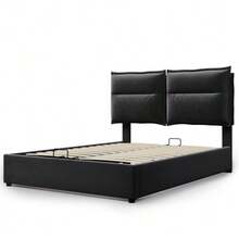 Hydraulic Double Bed With Upholstery, 140x200cm, Adjustable Headboard, Metal Slatted Base, Velvet, Modern Bed Frame With Storage Space, Large Storage Area, Grey (Mattress Not Included) - Black - View 6