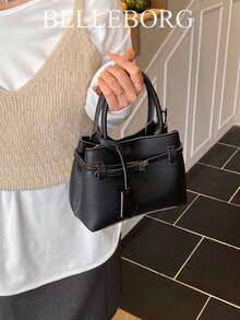 BELLEBORG Túi xách vuông nhỏ bằng da canvas cổ điển, màu sắc tương phản, thanh lịch, tiện dụng, đa năng cho nữ - màu đen - Xem 6