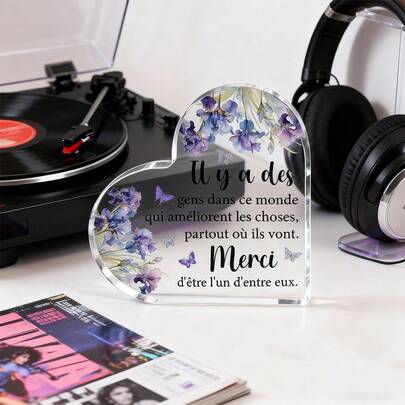 1pc French Heart-Shaped Acrylic Decor - Floral Design With French Inspirational Quote, Purple Flowers, Green Leaves And Butterfly, Home Decoration For Living Room, Bedroom, Office - Appreciation Gift For Father, Mother, Teacher, Friend, Elegant Design, Vibrant Colors, Birthday Or Party Gift