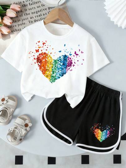 Heart Print Short Sleeve T-Shirt And Shorts Casual Outfit For Young Girls