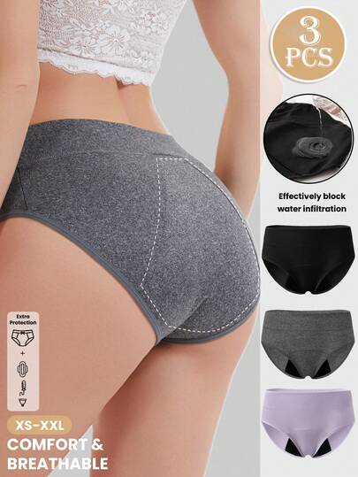 3pcs Women's Soft & Comfortable Leak-Proof Period Panties, Thick & Long Full Coverage Basic Style