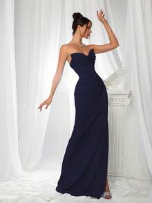 VIPGIRL Elegant Bridesmaid Dress: Strapless Flattering Fitted Satin Gown With Corset Bodice & Draped Waist – Minimalist Luxury Formal Evening Wear, Wedding Guest Outfit - Navy Blue - View 5