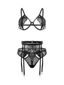 weiweihu Plus Size Ladies Black Lace Sexy Three-Point Underwear Set (Including Garter Belt),Plus Size Sexy Underwear Set Garter Belt Hollow Three-Point Slimming One-Piece Full Body Tight-Fitting Plus Size Sexy Underwear Suitable For Plus Size Ladies,Curve Lingerie,Plus Size Lingerie,Lingerie For Women Plus Size,Christmas Lingerie Plus Size,Lencería Para Mujer,Christmas Gifts - màu đen - Xem 7