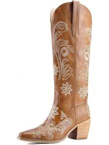 Women's Western Cowboy Boots Knee High, Floral Embroidered Vintage Cowgirl Boots With Pointed Toe & Chunky Heel, Pull-On Tabs For Country Style, Concert, Party And Daily WearChristmas - 黃棕色 - 查看 8