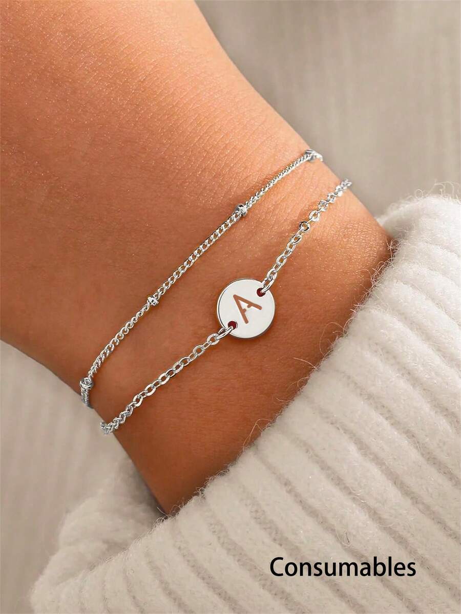 1pc Elegant Minimalist Stainless Steel Hollow 26 Letter Pendant Beaded Double Layer Adjustable Chain Bracelet, Fashionable Jewelry Gift For Women, Girlfriend, Wife, Mother, Family And Friends, Birthday, Anniversary