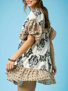 Women Boho Floral Mini Dress Short Puff Sleeve Flowy A Line Dress Ruffle V Neck Loose Babydoll Dresses - Brown - View 2