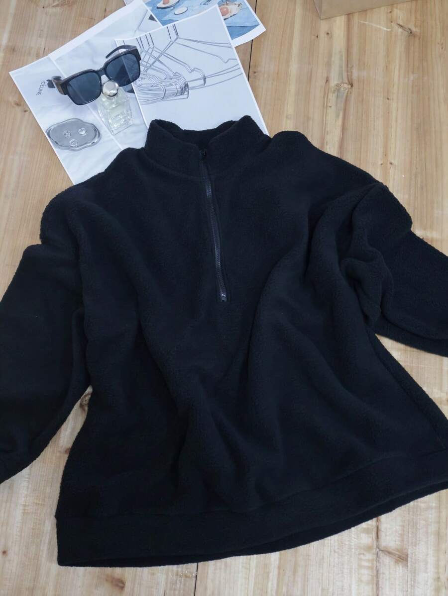 Plus Personalized Minimalist High Collar Fleece Zip Up Sweatshirt, Suitable For Holiday, Airport, Daily Wear, Autumn/Winter - Black - View 1