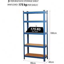 5-Storey Metal Garage Storage Rack - Thickened Heavy-Duty 90x40x180cm Red/Blue Workshop Warehouse Office Shed Storage Rack -1-Piece Set - Blue - View 2