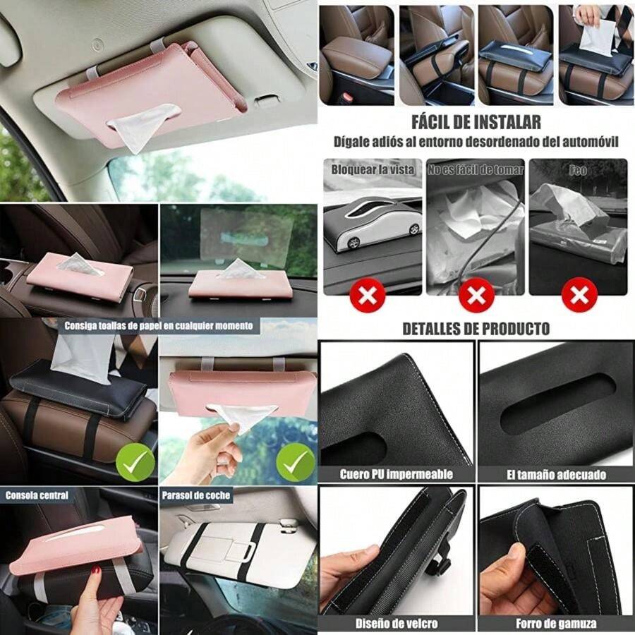 HEKE Soporte de pañuelos para Visera, Caja de pañuelos para Visera de Coche con Banda de Goma elástica Ajustable, Funda organizadora de Piel sintética para Consola , Visera de Coche,(Rosa) - Multicolor - Ver 1