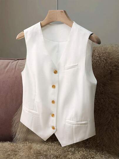 Linen Cinched Waist Vest, Fashionable & Elegant For Commute, Date Night, Holiday, Birthday Party, Formal Dinner, Back To School Party, Singles Party, Stage Performance, Travel, Spring/Summer/Autumn