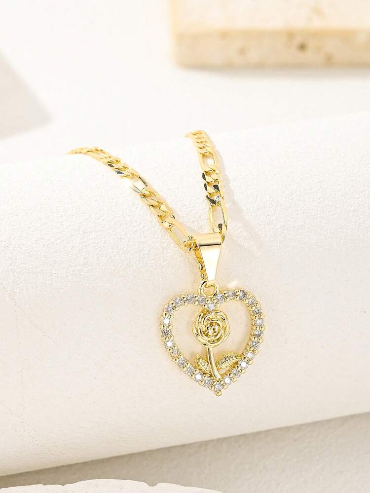 1pc Romantic Style Pendant Necklace Set, Heart & Rose Flower Pendant, 14K Gold Plated, Suitable For Women, Ideal For Summer, Beach, Easter Gifts, Unisex & Couples - Yellow Gold - View 1