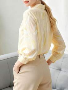 优雅女士长袖印花法式衬衫，纽扣开合，衬衫领设计，通勤上衣 - 淡黃色 - 查看 7