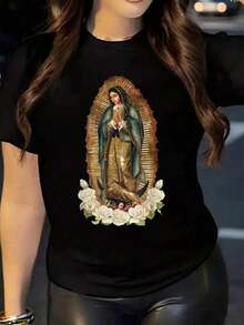 Camiseta mujer casual estampado Virgen de Guadalupe flores colores oscuros holgada cuello redondo manga corta primavera verano diaria - Blanco - Ver 6