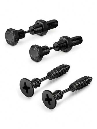 两对不锈钢朋克风螺丝耳钉，男女通用，背面带耳洞