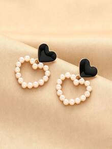 5pcs/Set Fashionable Casual French Elegant Asymmetrical Geometric Black Drip Glaze Heart & Faux Pearl Earrings, Chic Minimalist Design, High-End Earring Set Suitable For Women's Daily And Holiday Wear